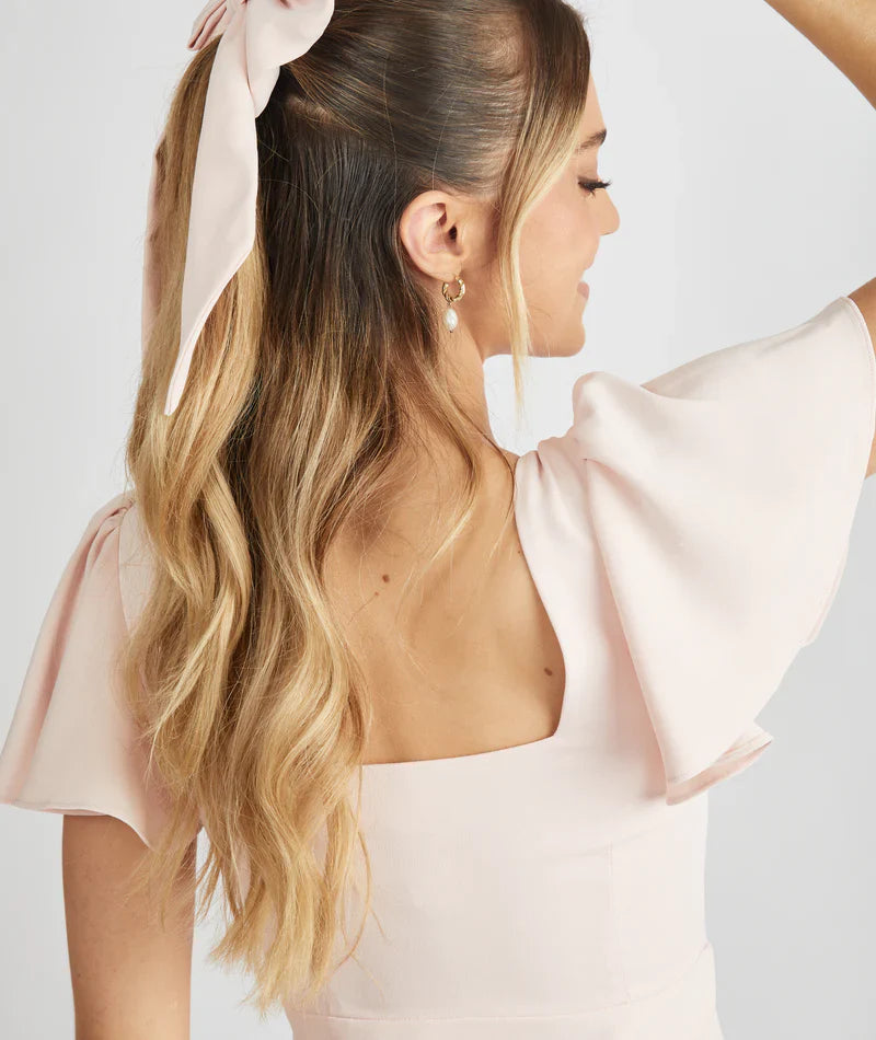 Romantic Blush Pink Square Neck Flutter Sleeve Satin Cutout Back Bodycon Floor-length Bridesmaid Dresses