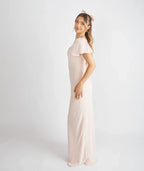 Romantic Blush Pink Square Neck Flutter Sleeve Satin Cutout Back Bodycon Floor-length Bridesmaid Dresses