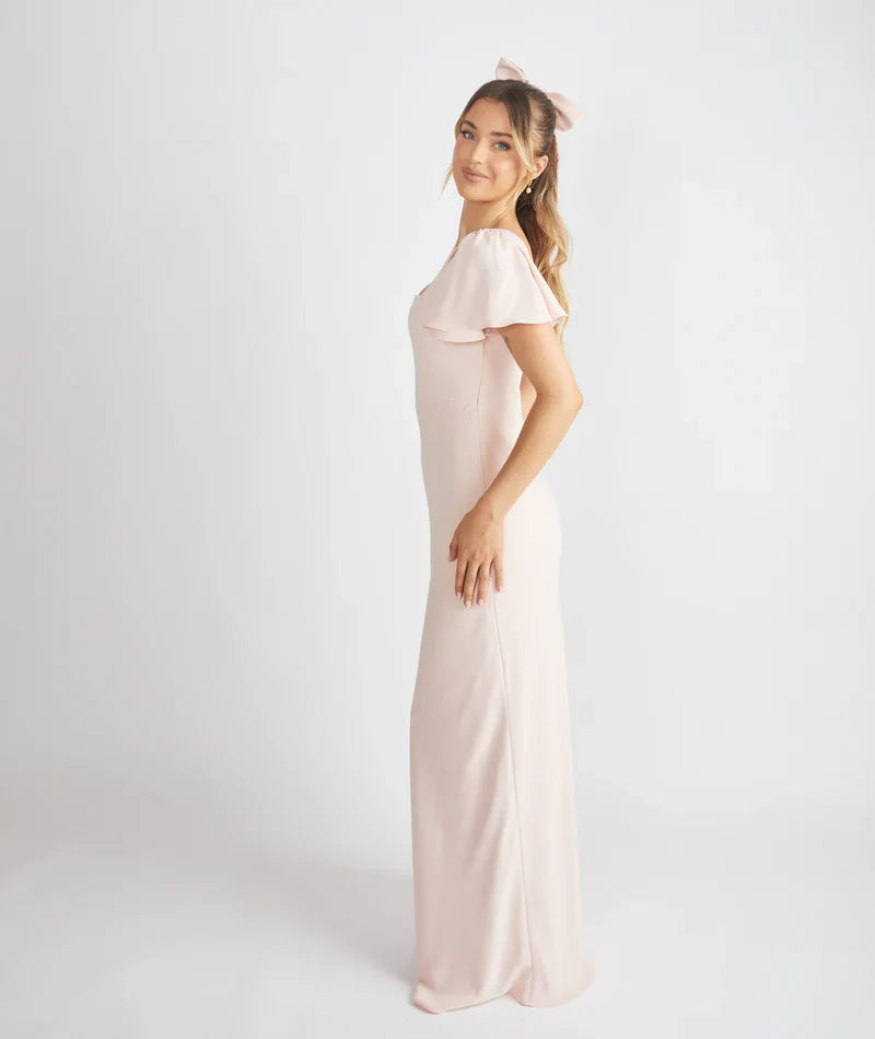 Romantic Blush Pink Square Neck Flutter Sleeve Satin Cutout Back Bodycon Floor-length Bridesmaid Dresses