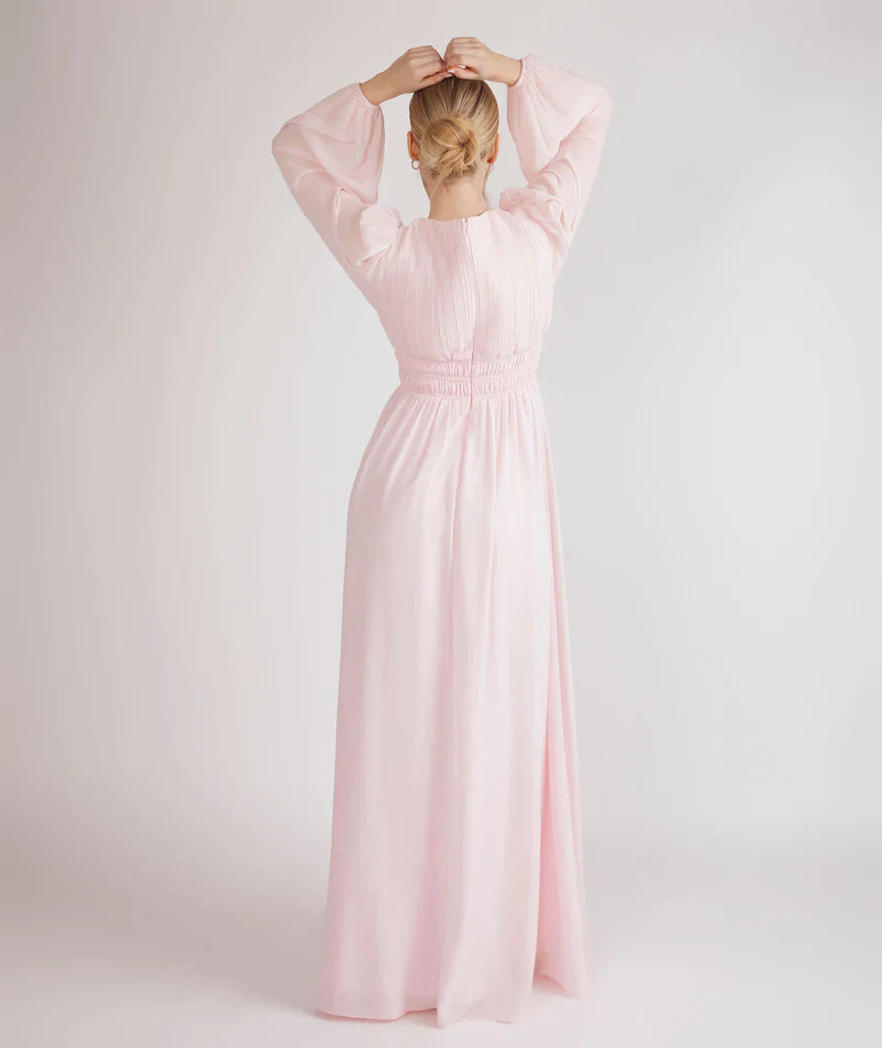 Romantic Blush Pink V-neck Pleated Bodice Bishop Sleeve Smocked Waist Chiffon A-line Floor-length Bridesmaid Dresses