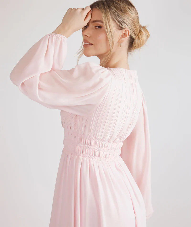 Romantic Blush Pink V-neck Pleated Bodice Bishop Sleeve Smocked Waist Chiffon A-line Floor-length Bridesmaid Dresses