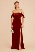 Romantic Burnt Orange Velvet Off-the-Shoulder Maxi Bridesmaid Dress with Flounce Sleeves & High Side Slit