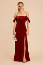 Romantic Burnt Orange Velvet Off-the-Shoulder Maxi Bridesmaid Dress with Flounce Sleeves & High Side Slit
