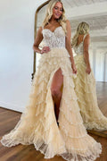 Romantic Champagne Spaghetti Strap Tiered Ruffled Gown With Corset Bodice