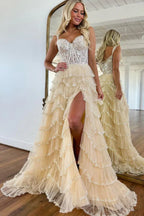 Romantic Champagne Spaghetti Strap Tiered Ruffled Gown With Corset Bodice