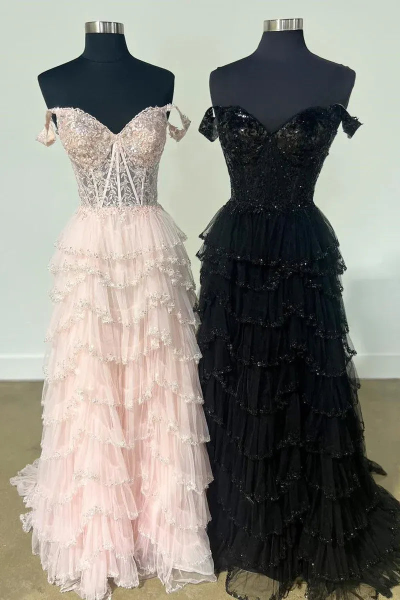 Romantic Champagne Spaghetti Strap Tiered Ruffled Gown With Corset Bodice