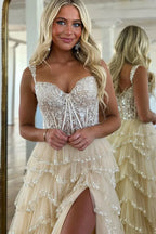 Romantic Champagne Spaghetti Strap Tiered Ruffled Gown With Corset Bodice
