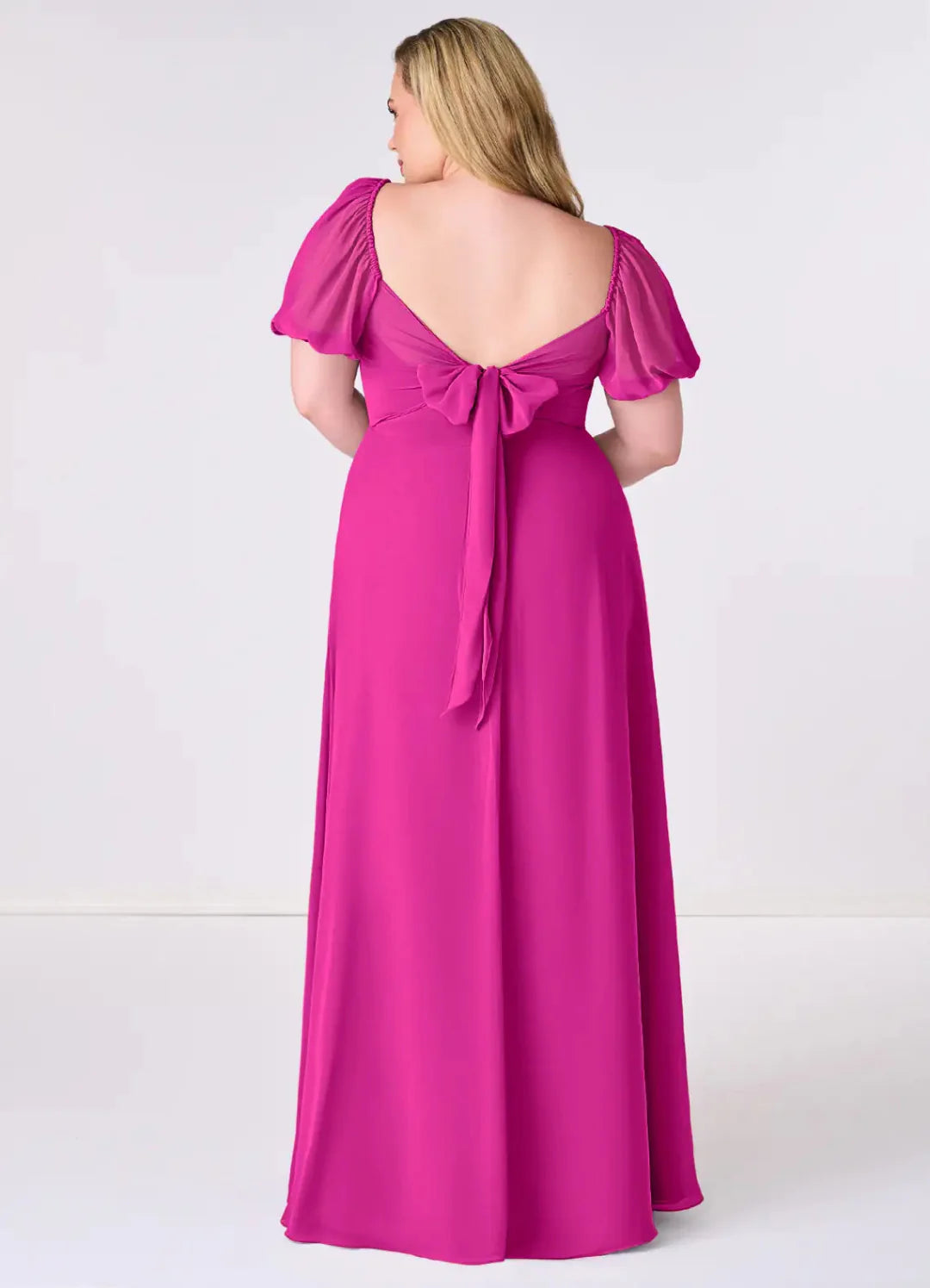 Romantic Chiffon A-Line Sweetheart Neck Puff Sleeves Bow Back Floor Length Bridesmaid Dress with Pockets