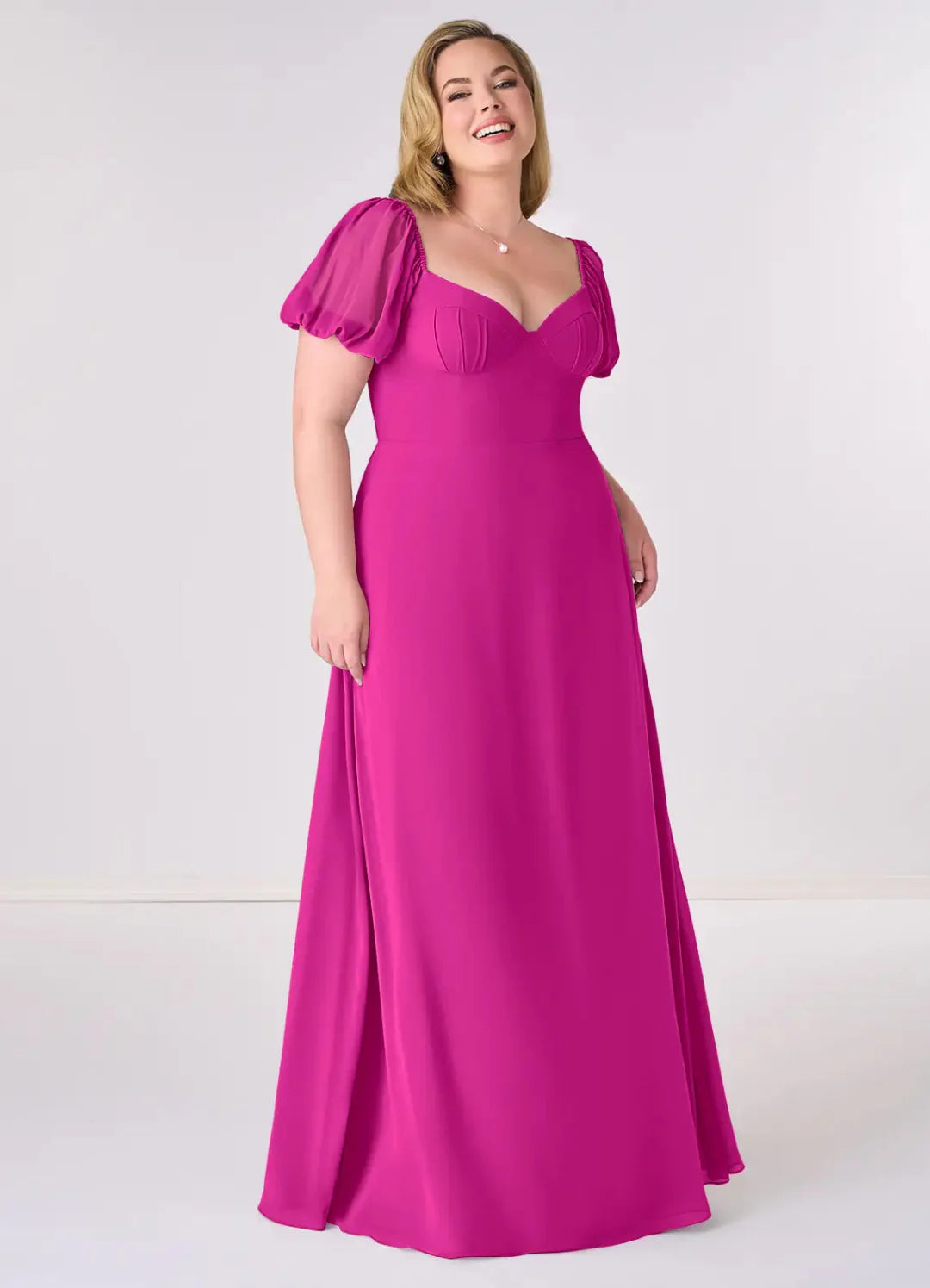 Romantic Chiffon A-Line Sweetheart Neck Puff Sleeves Bow Back Floor Length Bridesmaid Dress with Pockets
