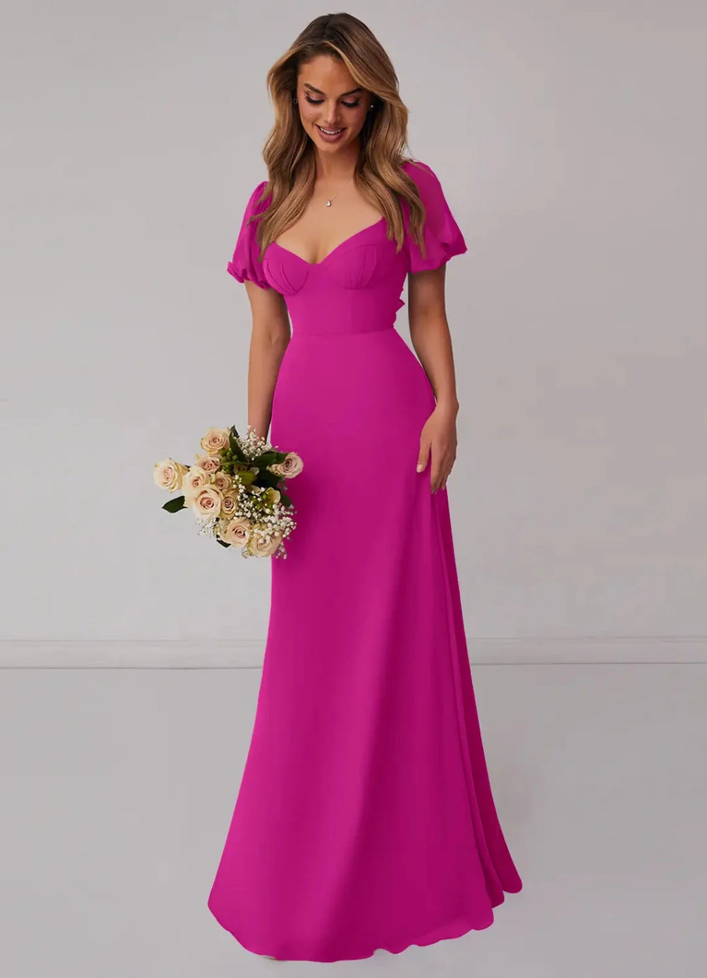 Romantic Chiffon A-Line Sweetheart Neck Puff Sleeves Bow Back Floor Length Bridesmaid Dress with Pockets