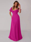 Romantic Chiffon A-Line Sweetheart Neck Puff Sleeves Bow Back Floor Length Bridesmaid Dress with Pockets