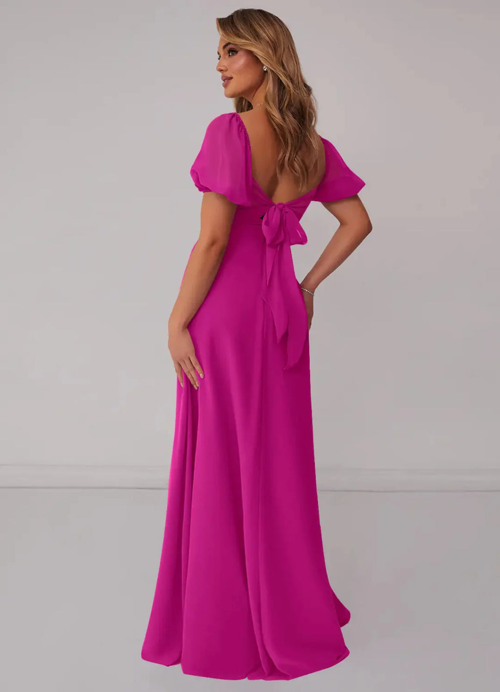 Romantic Chiffon A-Line Sweetheart Neck Puff Sleeves Bow Back Floor Length Bridesmaid Dress with Pockets