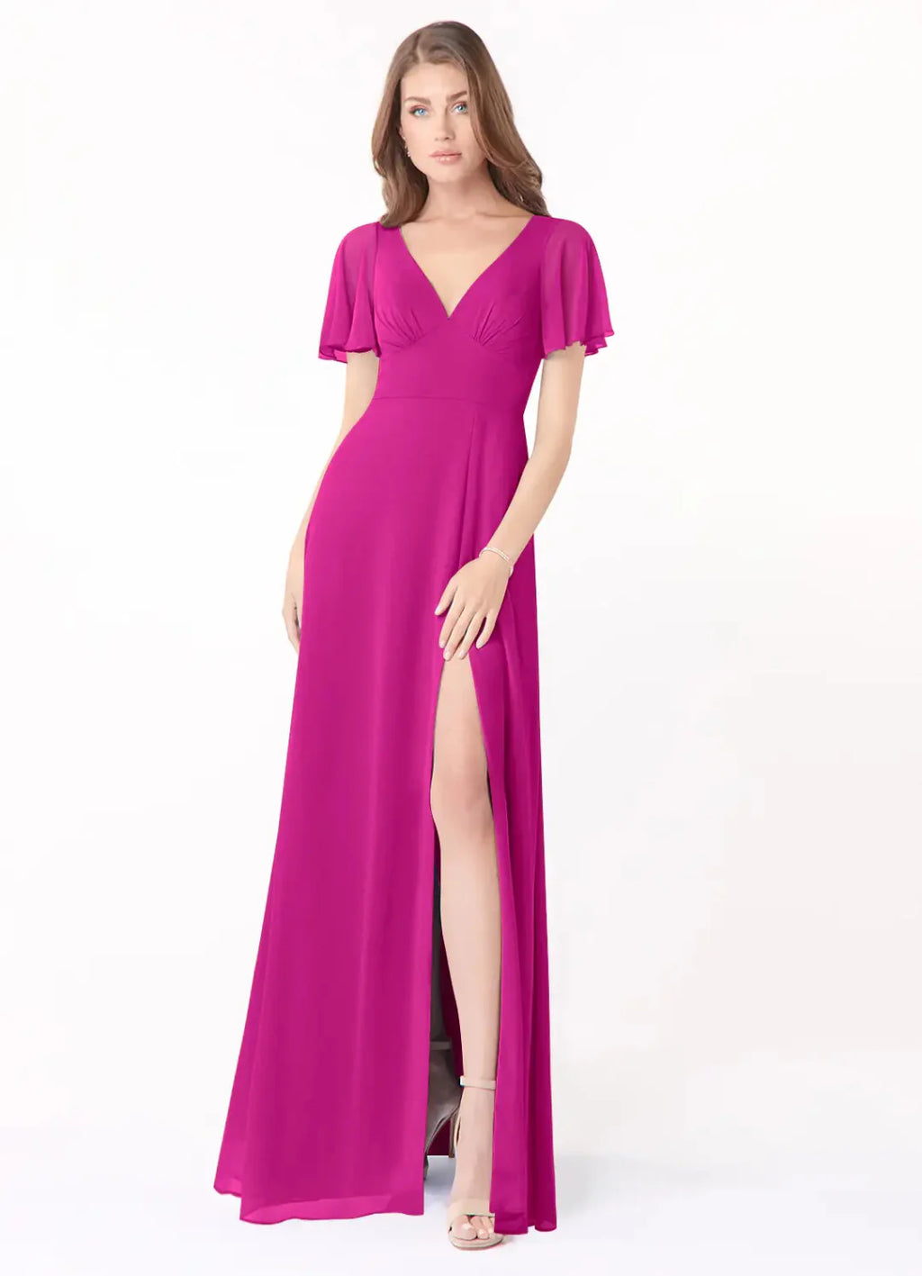 Romantic Chiffon A-Line V Neck Flutter Sleeves Bow Back Floor Length Bridesmaid Dress with Slit