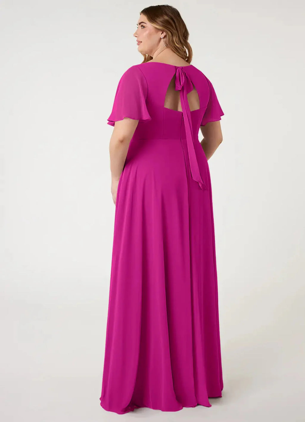 Romantic Chiffon A-Line V Neck Flutter Sleeves Bow Back Floor Length Bridesmaid Dress with Slit