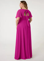 Romantic Chiffon A-Line V Neck Flutter Sleeves Bow Back Floor Length Bridesmaid Dress with Slit