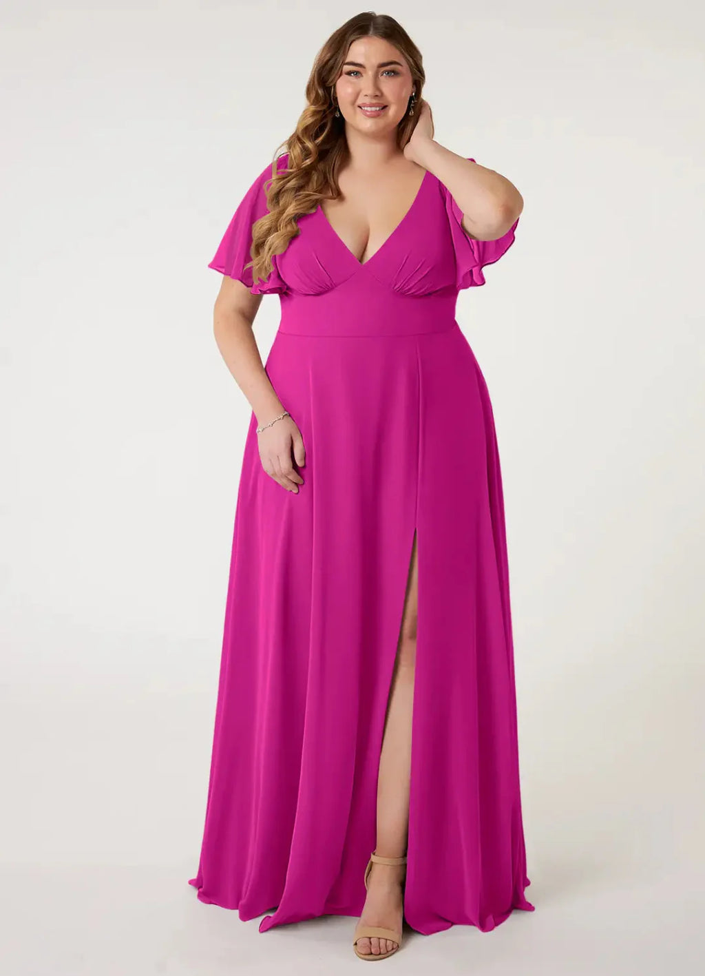 Romantic Chiffon A-Line V Neck Flutter Sleeves Bow Back Floor Length Bridesmaid Dress with Slit