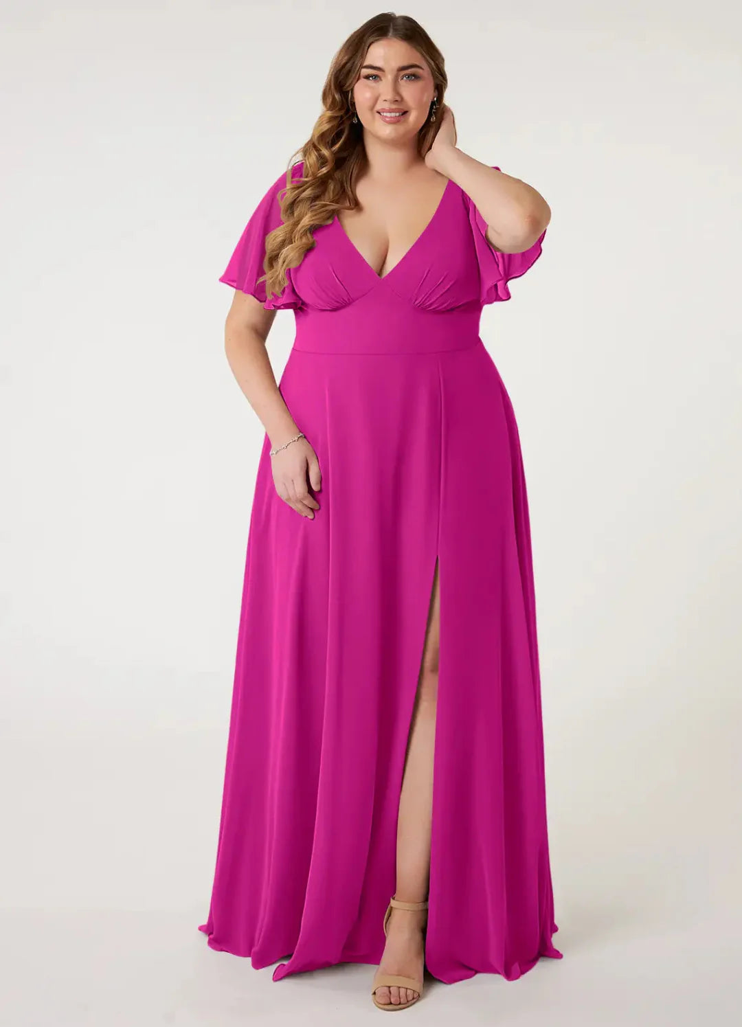 Romantic Chiffon A-Line V Neck Flutter Sleeves Bow Back Floor Length Bridesmaid Dress with Slit