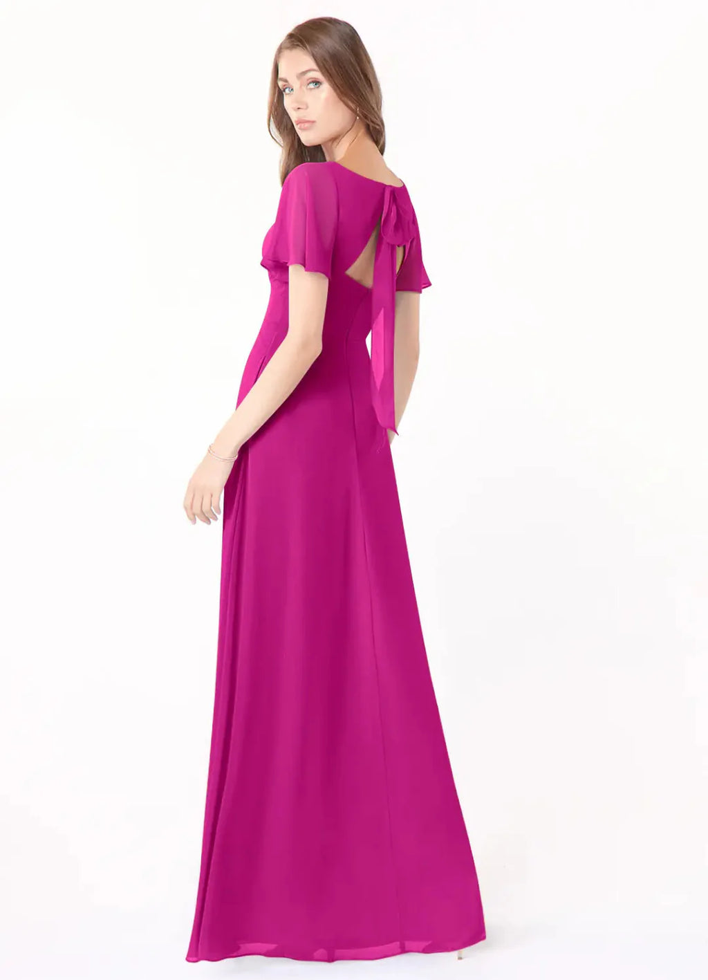 Romantic Chiffon A-Line V Neck Flutter Sleeves Bow Back Floor Length Bridesmaid Dress with Slit