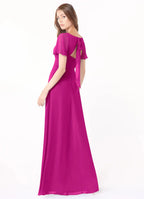 Romantic Chiffon A-Line V Neck Flutter Sleeves Bow Back Floor Length Bridesmaid Dress with Slit