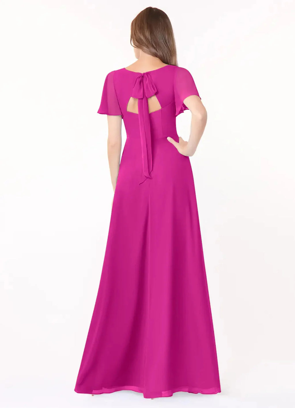 Romantic Chiffon A-Line V Neck Flutter Sleeves Bow Back Floor Length Bridesmaid Dress with Slit