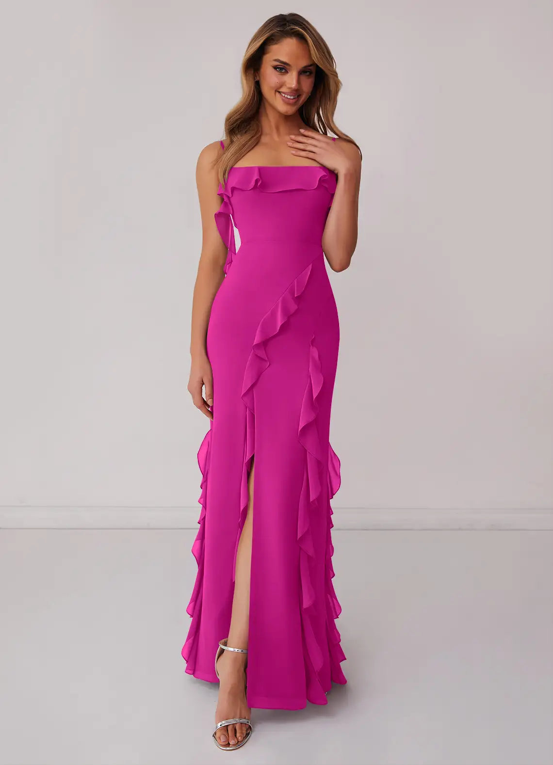 Romantic Chiffon Bridesmaid Dresses with Ruffle Detailing and Back Bow Accent