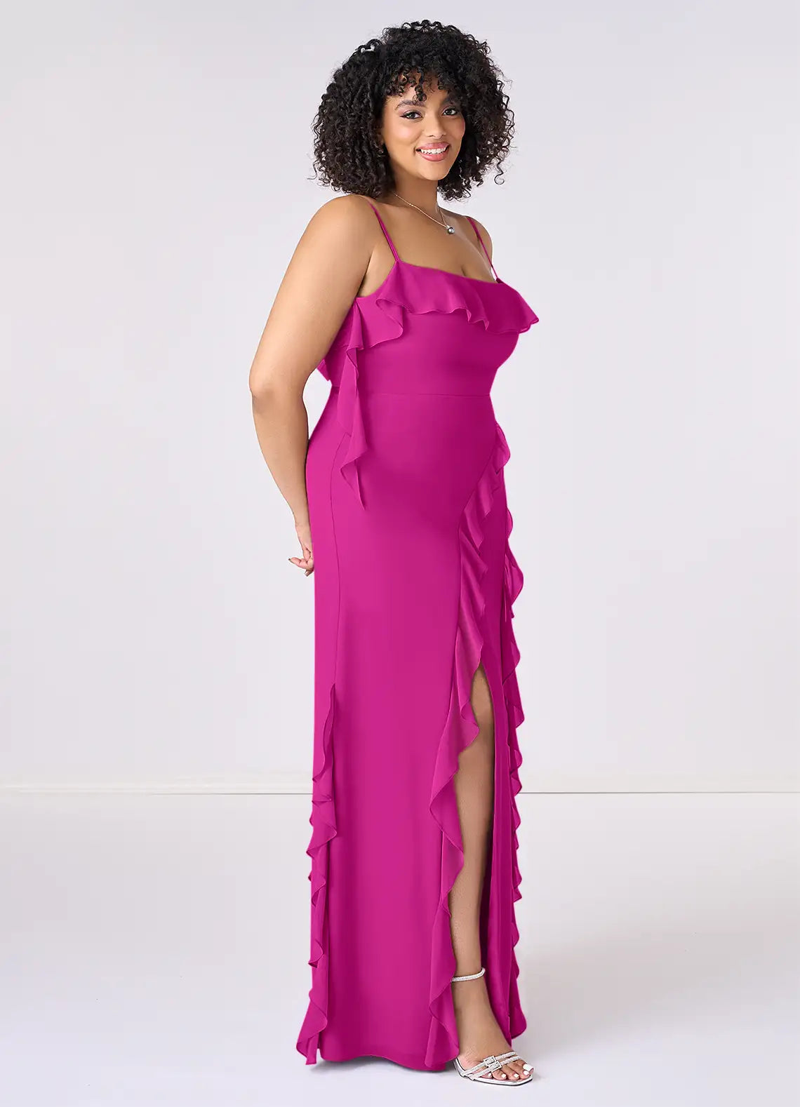 Romantic Chiffon Bridesmaid Dresses with Ruffle Detailing and Back Bow Accent