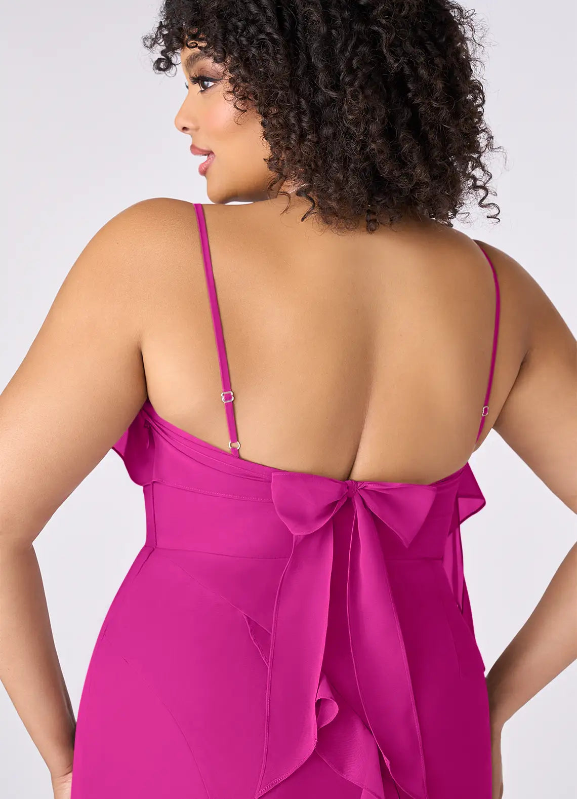Romantic Chiffon Bridesmaid Dresses with Ruffle Detailing and Back Bow Accent