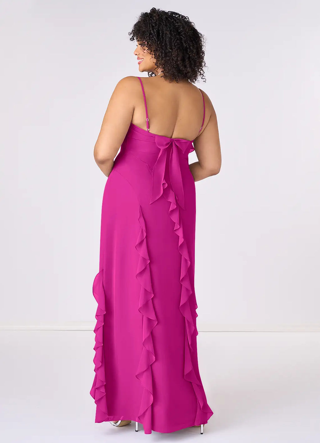 Romantic Chiffon Bridesmaid Dresses with Ruffle Detailing and Back Bow Accent