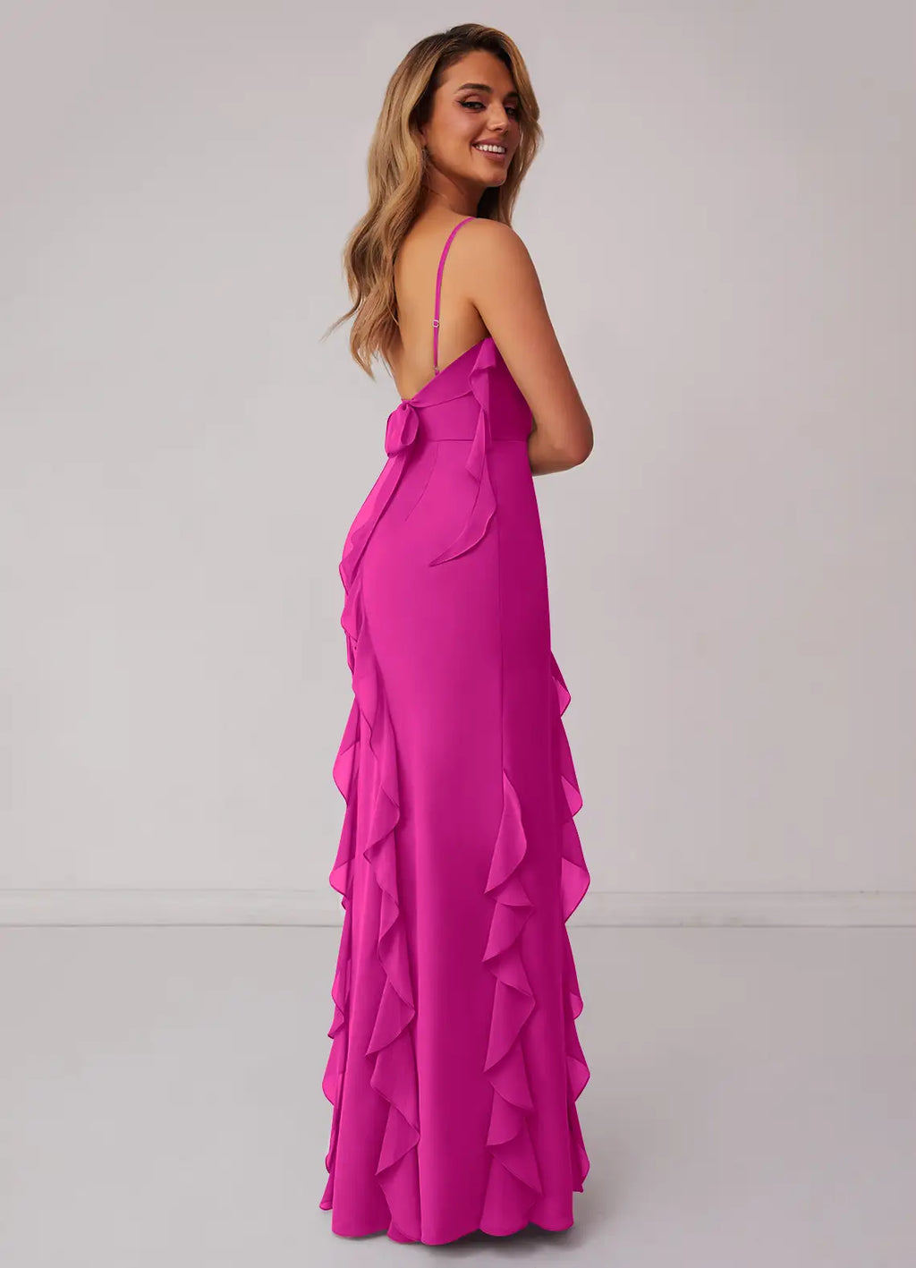 Romantic Chiffon Bridesmaid Dresses with Ruffle Detailing and Back Bow Accent