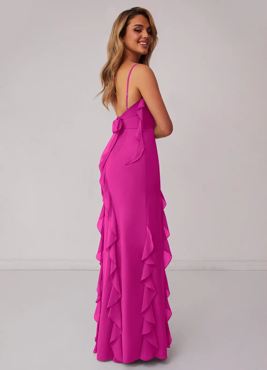 Romantic Chiffon Bridesmaid Dresses with Ruffle Detailing and Back Bow Accent