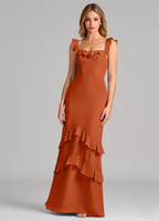 Romantic Chiffon Mermaid Off-the-Shoulder Ruffled Tiered Floor-Length Bridesmaid Dress for Wedding Occasions