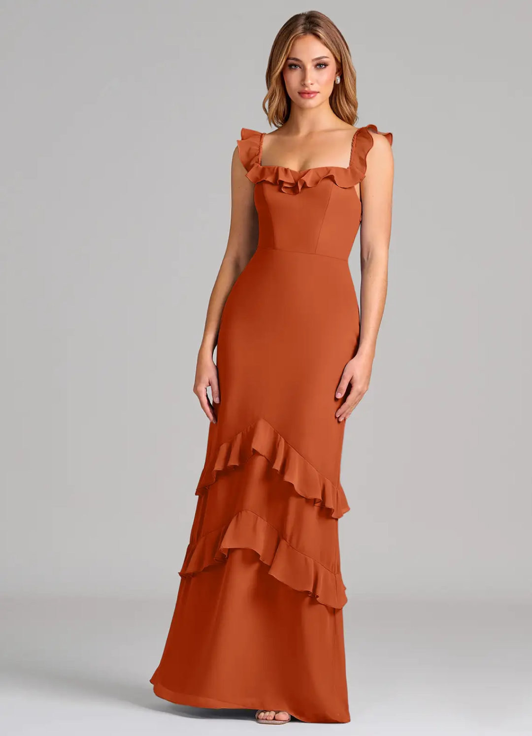 Romantic Chiffon Mermaid Off-the-Shoulder Ruffled Tiered Floor-Length Bridesmaid Dress for Wedding Occasions