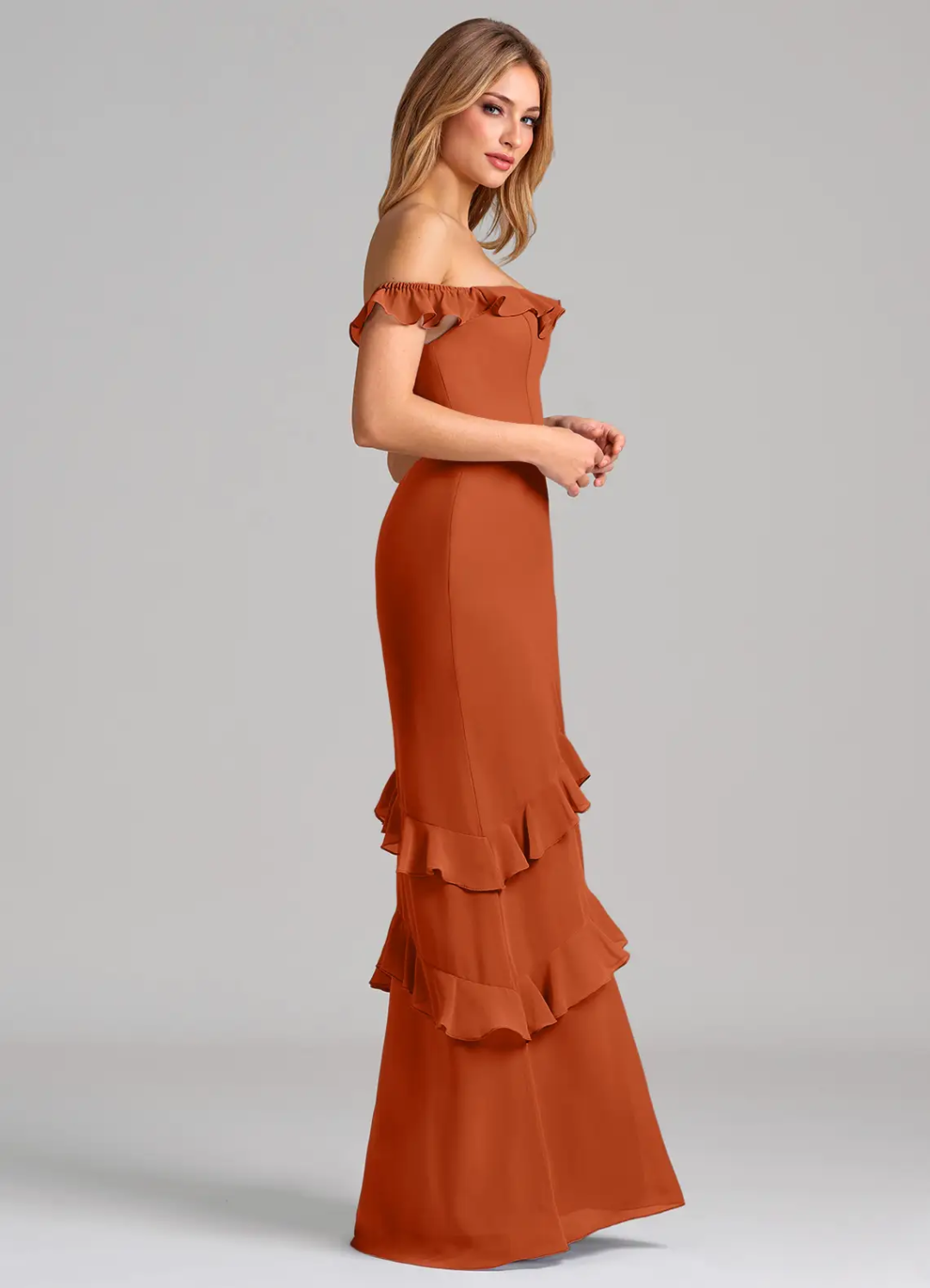 Romantic Chiffon Mermaid Off-the-Shoulder Ruffled Tiered Floor-Length Bridesmaid Dress for Wedding Occasions