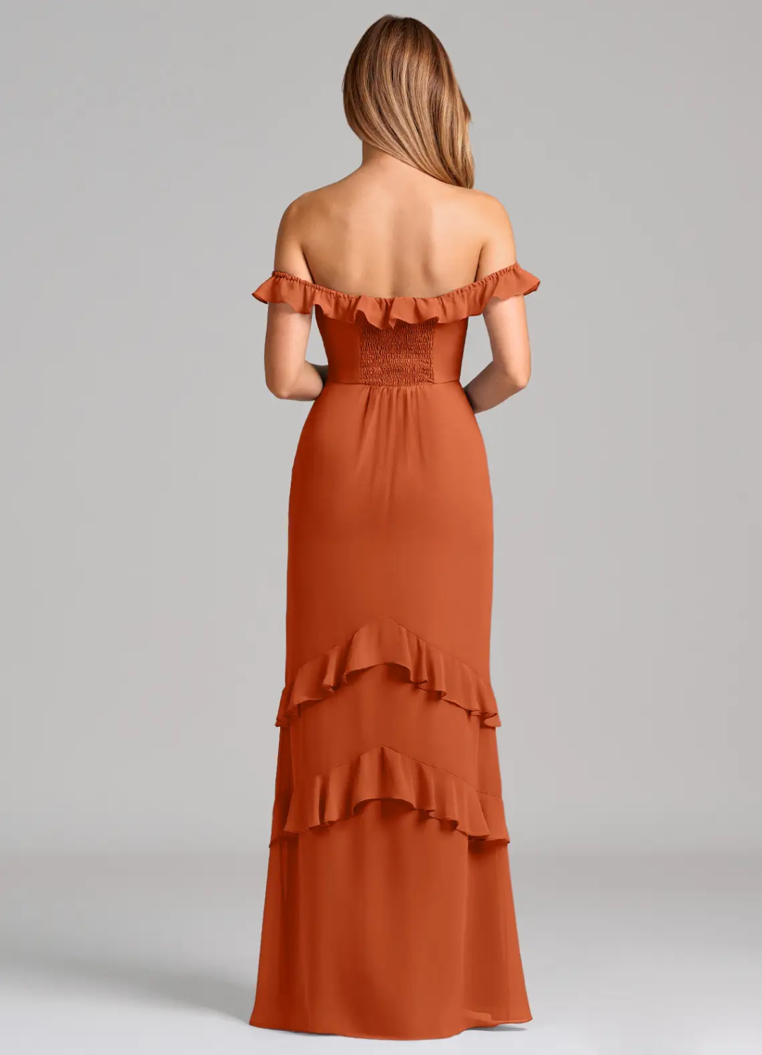 Romantic Chiffon Mermaid Off-the-Shoulder Ruffled Tiered Floor-Length Bridesmaid Dress for Wedding Occasions