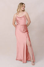 Romantic Cowl Neck Blush Pink Satin Evening Dress with Crisscross Back Straps, High Thigh Slit & Floor-Length Hem
