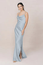 Romantic Cowl Neck Spaghetti Strap Satin Mermaid Bridesmaid Dress with Cowl Back & High Slit in Sky Blue