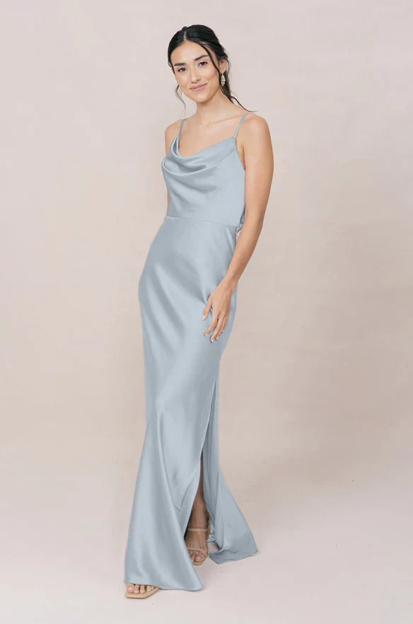 Romantic Cowl Neck Spaghetti Strap Satin Mermaid Bridesmaid Dress with Cowl Back & High Slit in Sky Blue