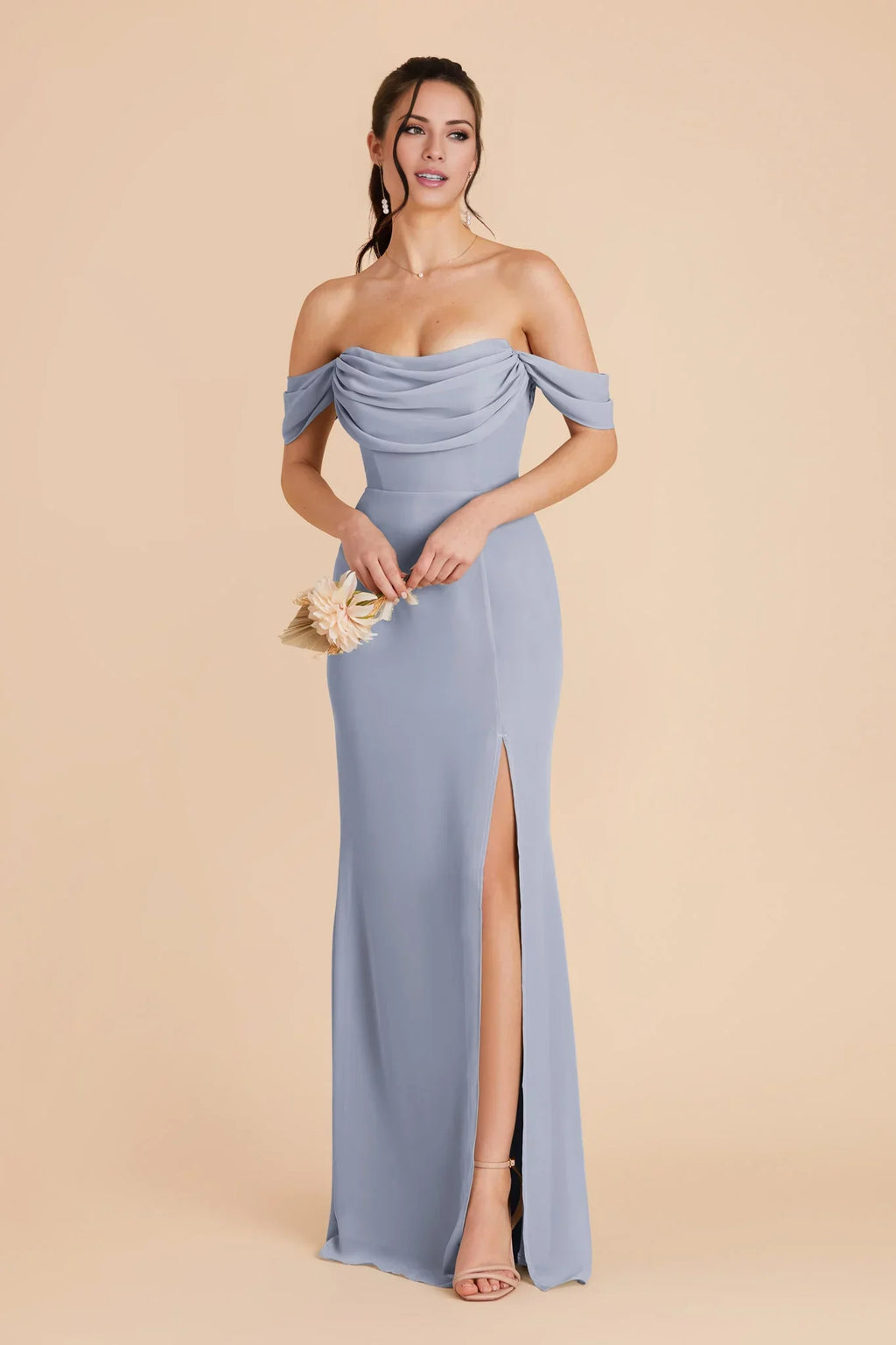 Romantic Dusty Blue Chiffon Off-the-Shoulder Maxi Bridesmaid Dress with Ruched Bodice & High Side Slit
