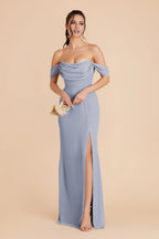 Romantic Dusty Blue Chiffon Off-the-Shoulder Maxi Bridesmaid Dress with Ruched Bodice & High Side Slit