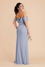 Romantic Dusty Blue Chiffon Off-the-Shoulder Maxi Bridesmaid Dress with Ruched Bodice & High Side Slit