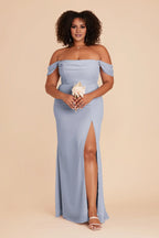 Romantic Dusty Blue Chiffon Off-the-Shoulder Maxi Bridesmaid Dress with Ruched Bodice & High Side Slit