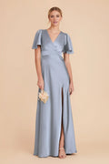Romantic Dusty Blue Satin Deep V-Neck Flutter-Sleeve Maxi Bridesmaid Dress with High Side Slit
