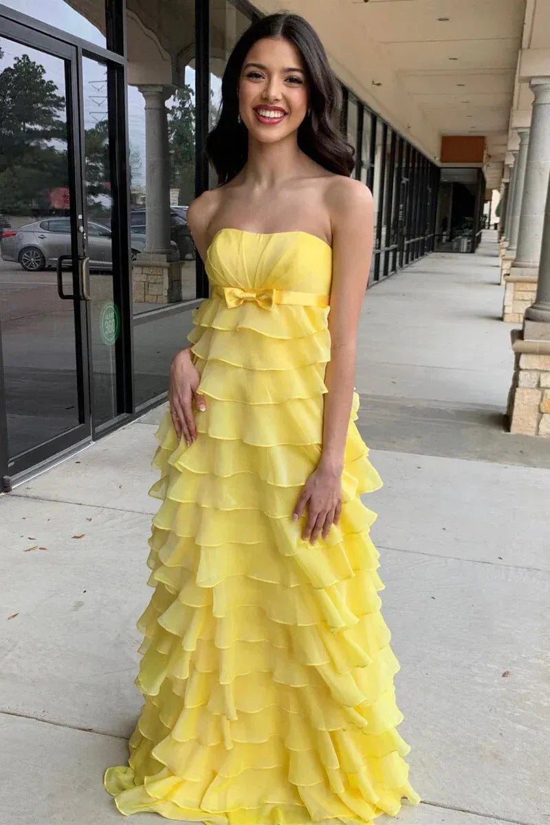 Green Romantic Emerald Strapless Tiered Ruffled Gown With Bow Detail