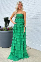 Green Romantic Emerald Strapless Tiered Ruffled Gown With Bow Detail