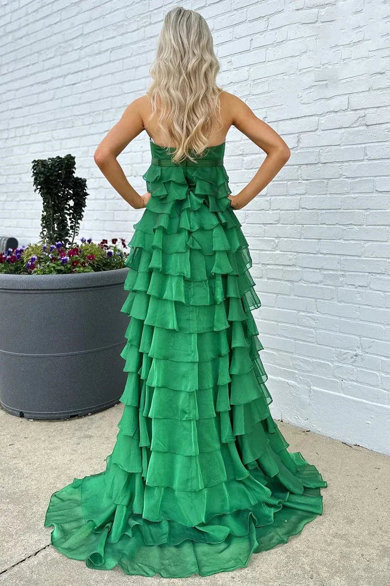 Green Romantic Emerald Strapless Tiered Ruffled Gown With Bow Detail