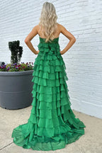 Green Romantic Emerald Strapless Tiered Ruffled Gown With Bow Detail