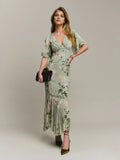 Dress Romantic Flower Printed V Neck Sleeveless Mermaid Prom Dress Maxi Dress Backless Asymmetrical Hem Evening Dress