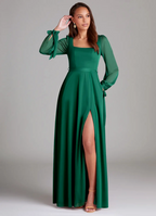 Romantic Flowy Square Neck Long Sheer Sleeve Tie-Back Slit Floor-Length Bridesmaid Dress