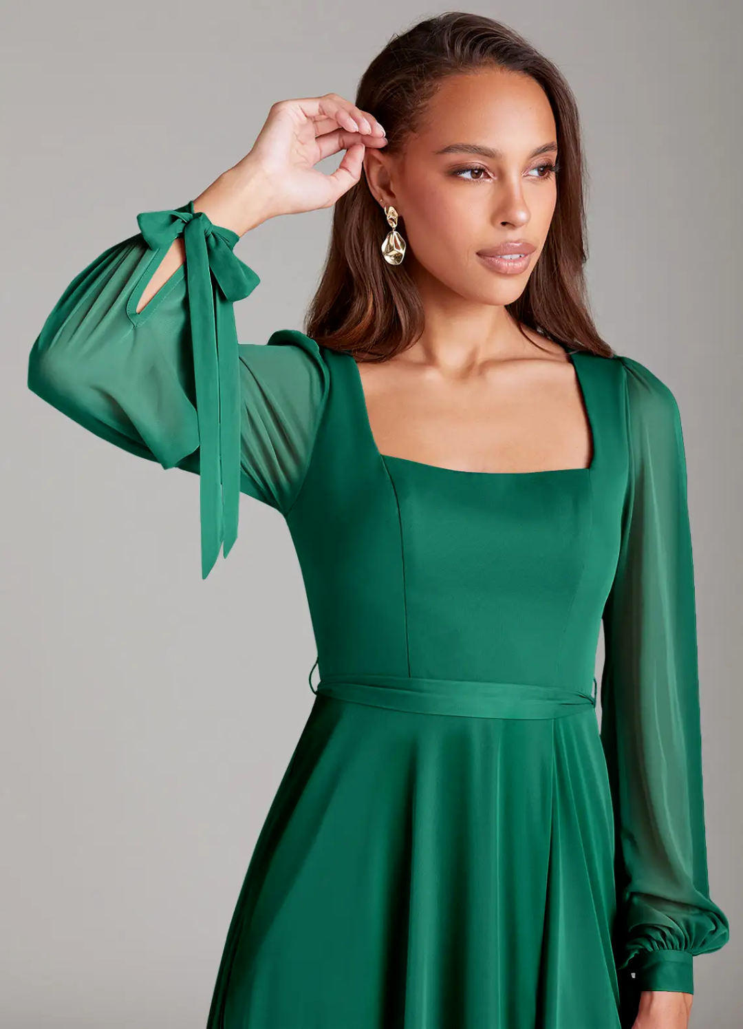 Romantic Flowy Square Neck Long Sheer Sleeve Tie-Back Slit Floor-Length Bridesmaid Dress