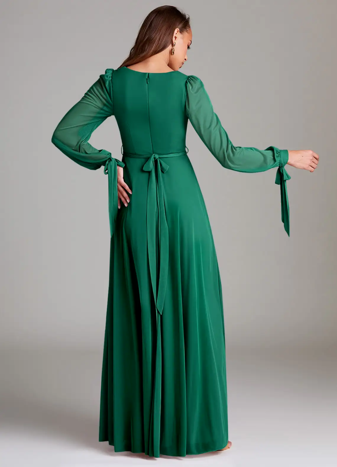 Romantic Flowy Square Neck Long Sheer Sleeve Tie-Back Slit Floor-Length Bridesmaid Dress